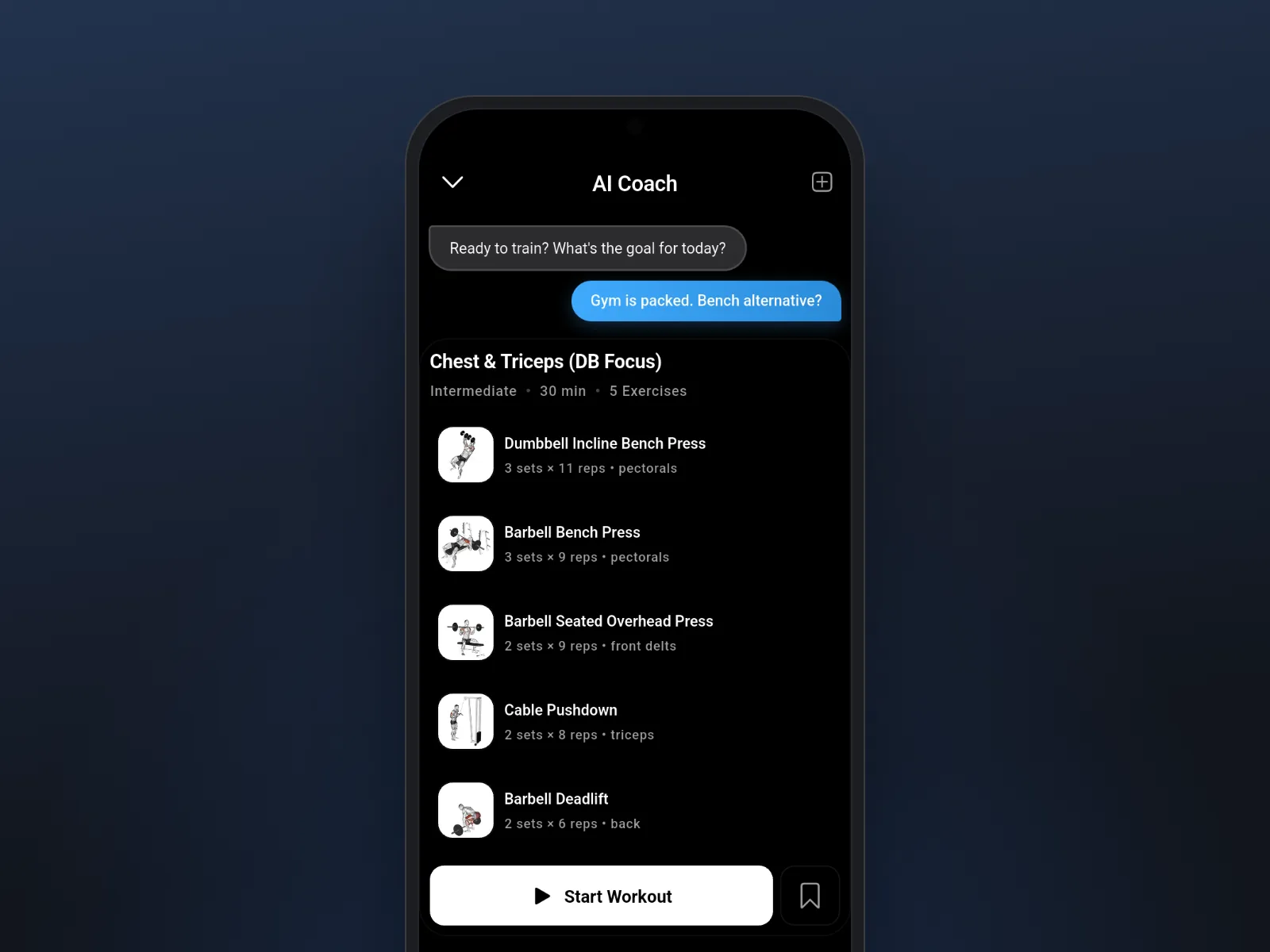 Meridian's AI coach building a chest and triceps workout