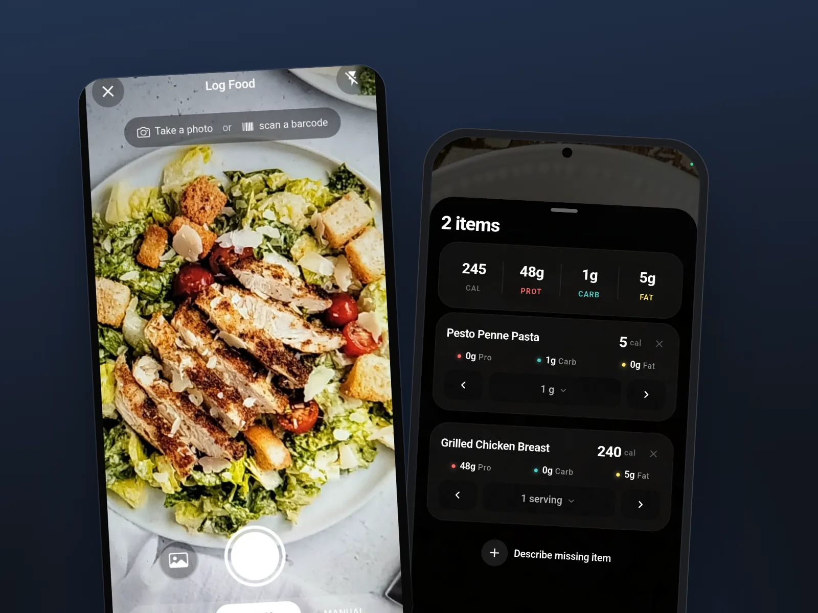 Meridian's food camera over a chicken salad, and a logged meal with two items