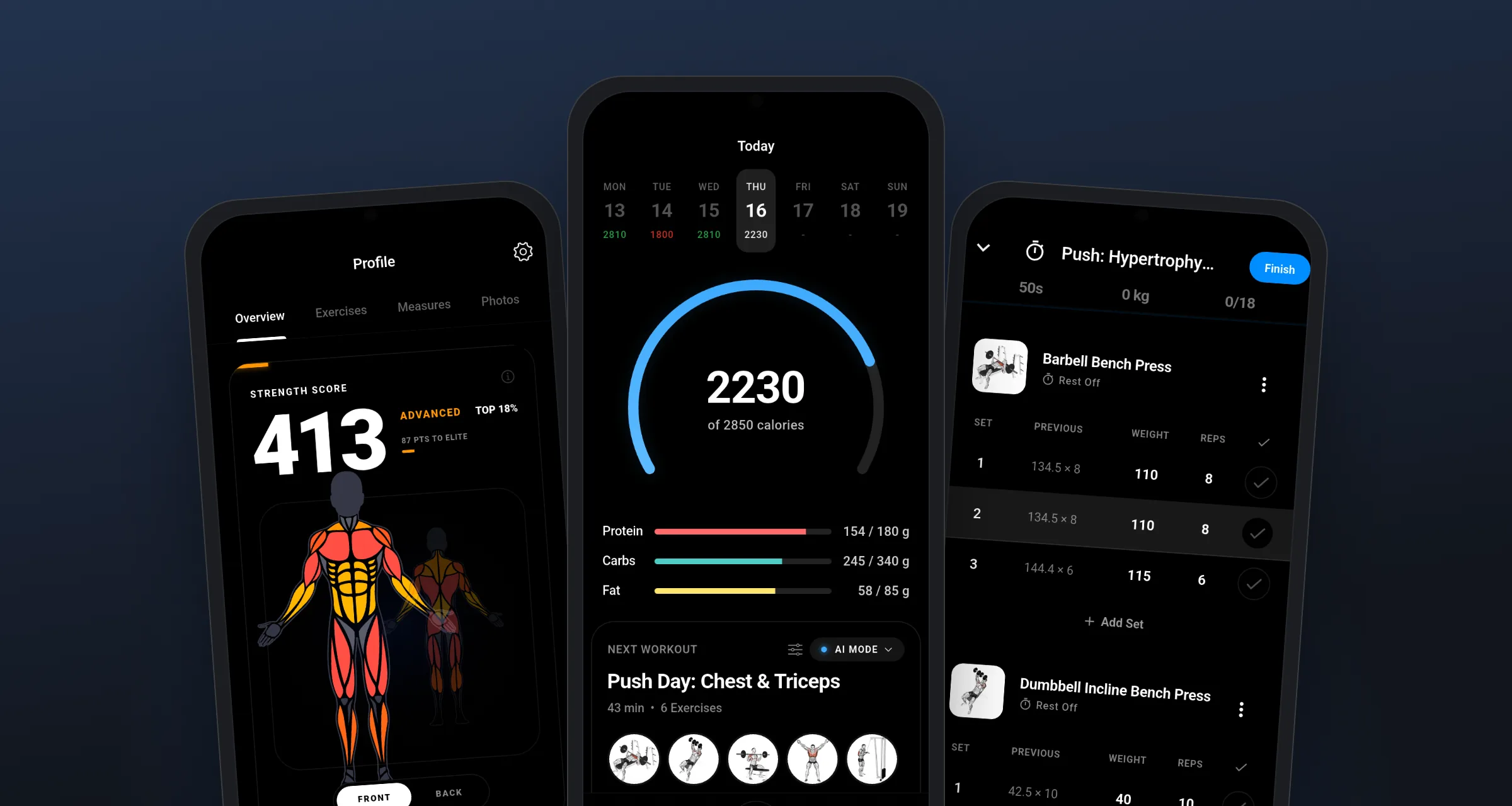 Meridian's strength score, dashboard and workout screens