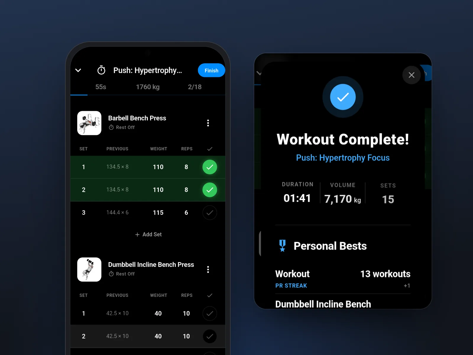 A Meridian workout in progress, and the workout summary with personal bests